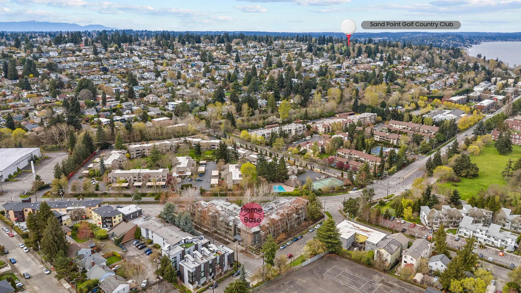 Annotated North Seattle aerial locating the condominium and nearby Sand Point Country Club