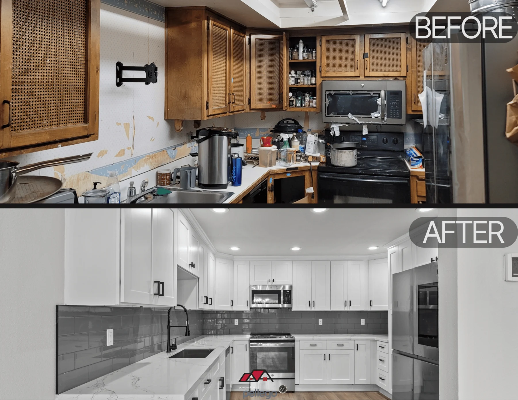 Before-and-after comparison of the kitchen renovation in Kevin’s North Seattle condo project