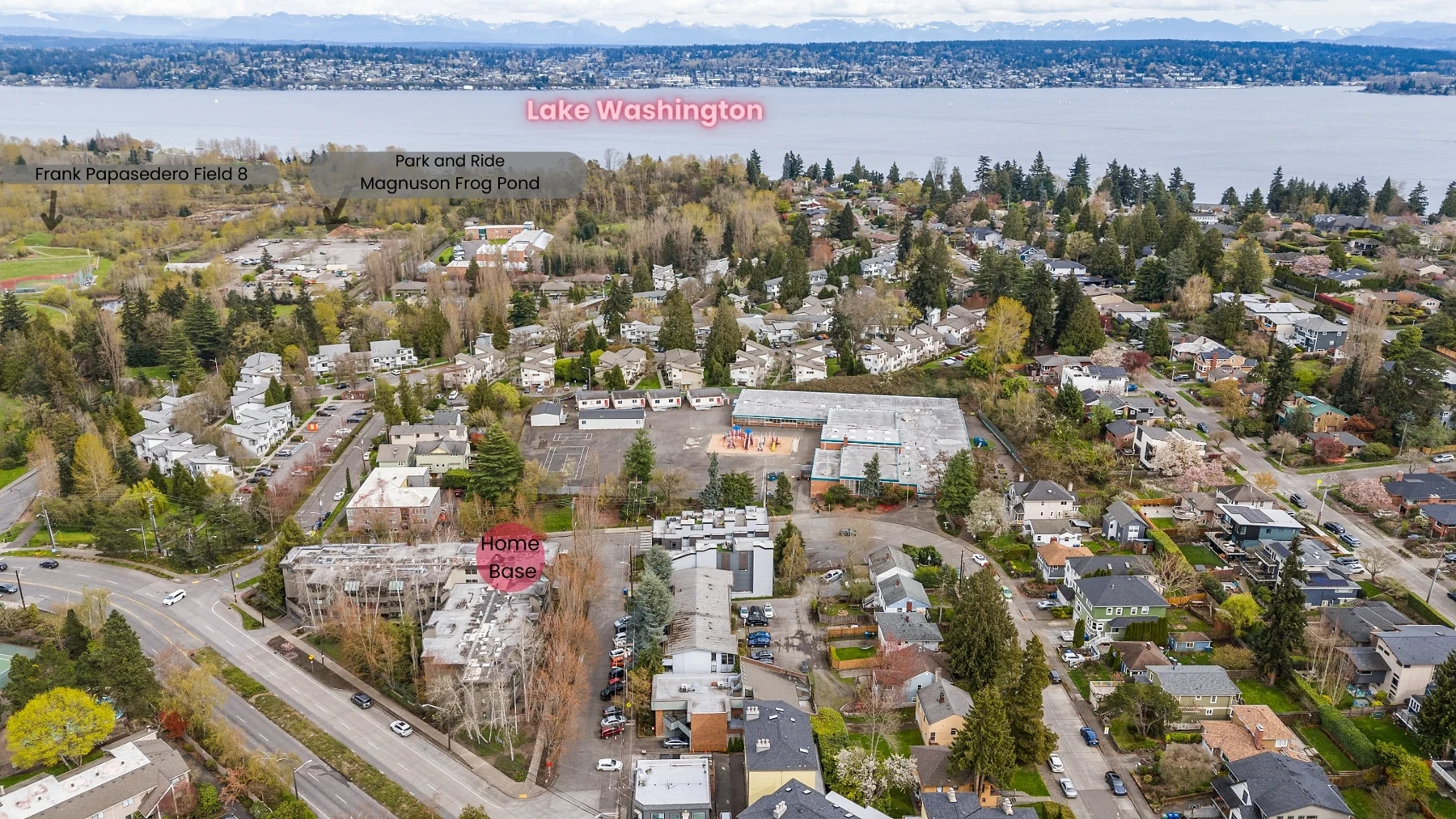 Annotated aerial showing the condominium’s location in North Seattle with Lake Washington beyond